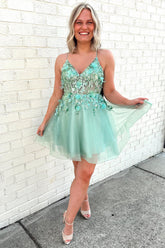 Glitter Mint Spaghetti Straps A-Line Tulle Homecoming Dress with Appliques